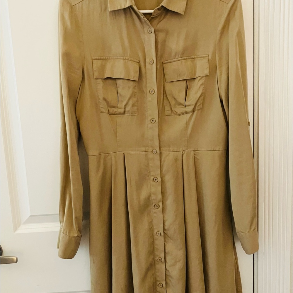Bebe khaki button down fit and flare dress